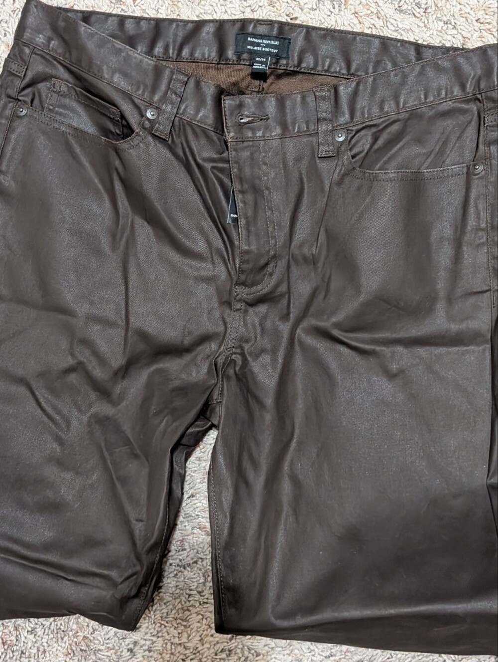 Brown Coated Denim Bootleg Pants